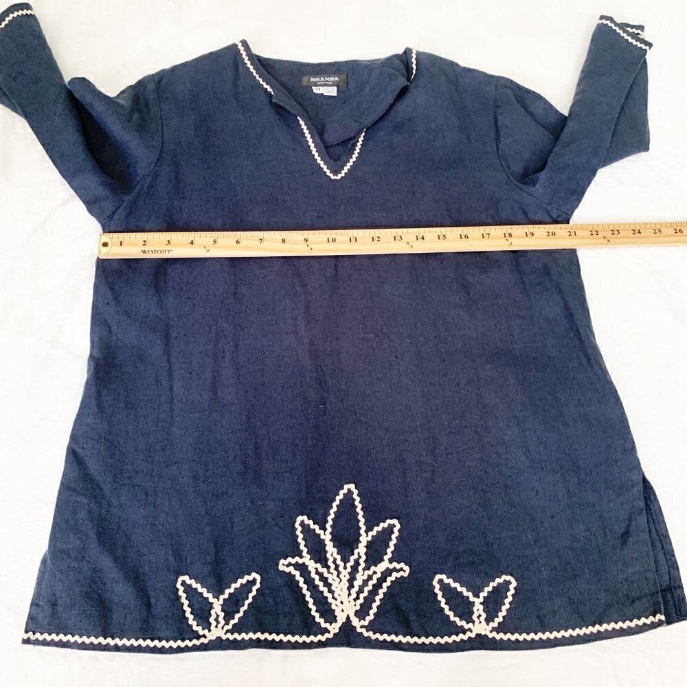 Nira Nira New York‎ Navy Blue Linen Ric Rac Embroidered Tunic Top Womens Size M - Picture 7 of 8